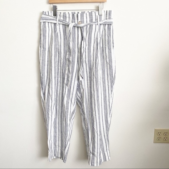 Madewell || Paperbag Waist Pants Belted Baltic Stripe Linen Blend White 16 - Picture 3 of 10